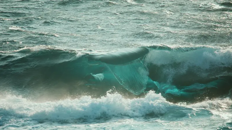 Vague turquoise qui déferle en haute mer, écume blanche au premier plan
